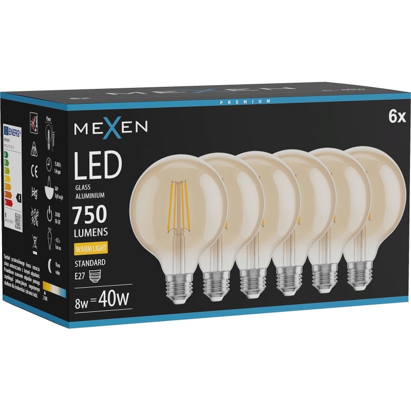 Mexen Vintis 6x LED-Filament-Glühbirne E27, G95, 8W, Warm - 2700K, 750 lm, Bernstein - L157-E27-0827-50x06