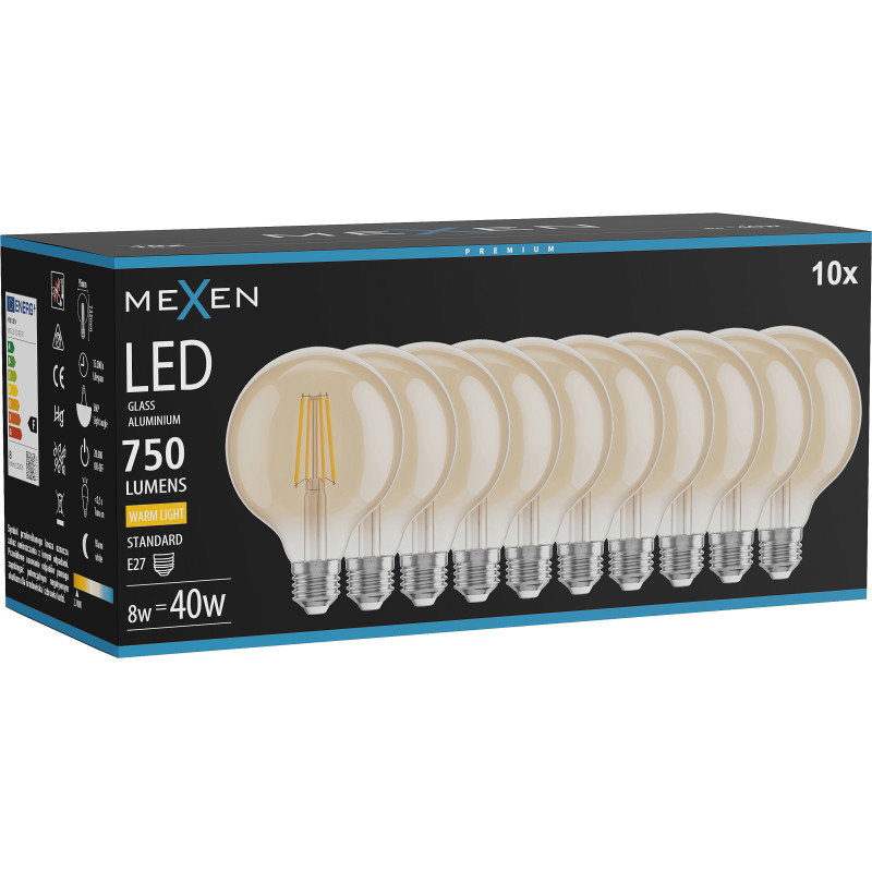 Mexen Vintis 10x LED-Filament-Glühbirne E27, G95, 8W, Warm - 2700K, 750 lm, amber - L157-E27-0827-50x10