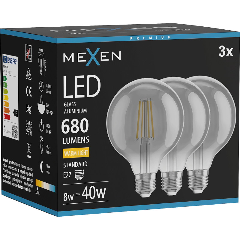 Mexen Vintis 3x LED-Filament-Glühbirne E27, G95, 8W, Warm - 2700K, 680 lm, rauch - L157-E27-0827-70x03