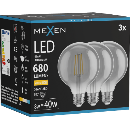 Mexen Vintis 3x LED-Filament-Glühbirne E27, G95, 8W, Warm - 2700K, 680 lm, rauch - L157-E27-0827-70x03