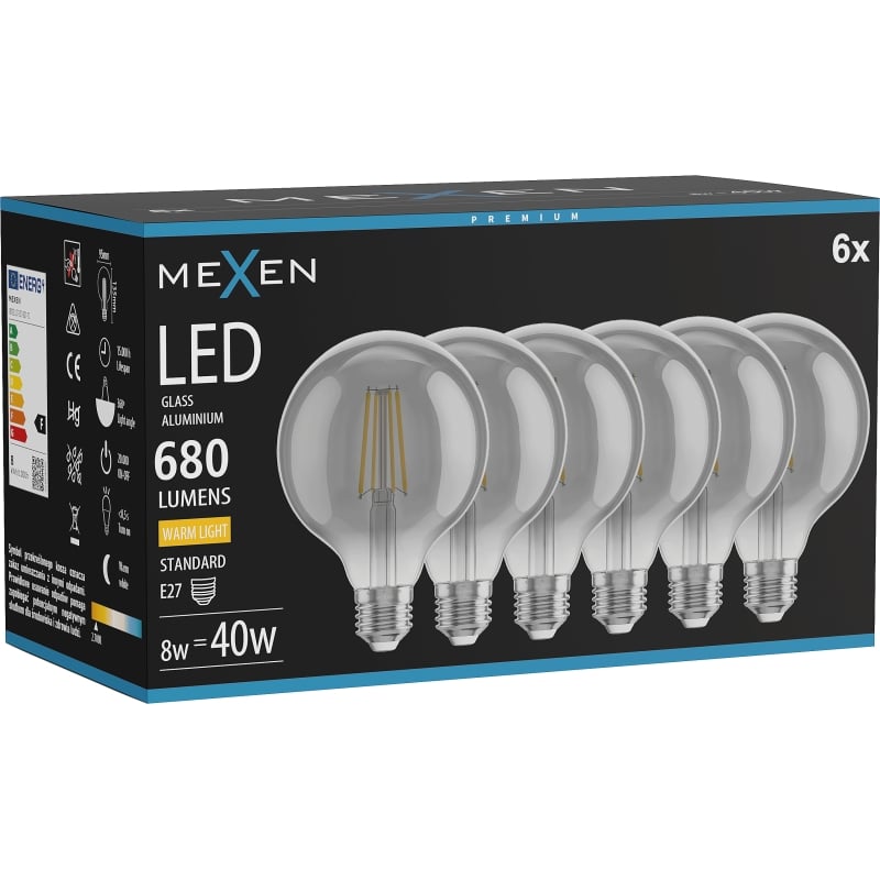 Mexen Vintis 6x LED-Filamentlampe E27, G95, 8W, Warm - 2700K, 680 lm, Smoke - L157-E27-0827-70x06