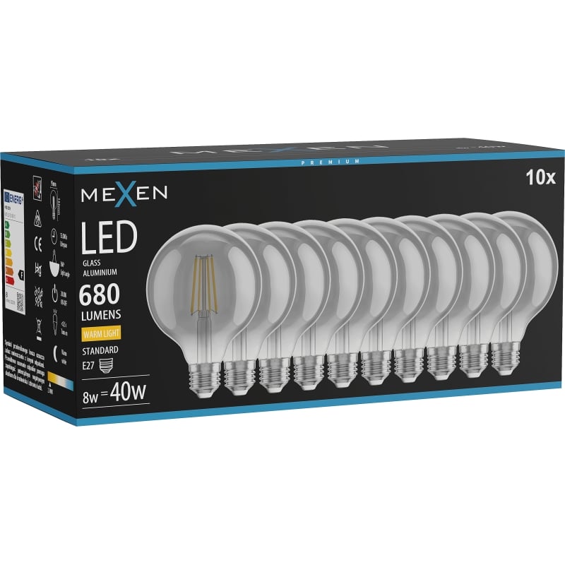 Mexen Vintis 10x LED-Filamentlampe E27, G95, 8W, Warm - 2700K, 680 lm, Rauch - L157-E27-0827-70x10