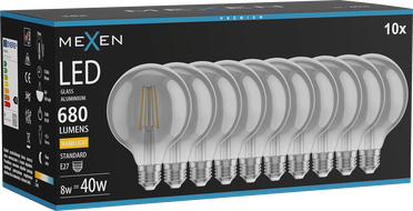 Mexen Vintis 10x LED-Filamentlampe E27, G95, 8W, Warm - 2700K, 680 lm, Rauch - L157-E27-0827-70x10