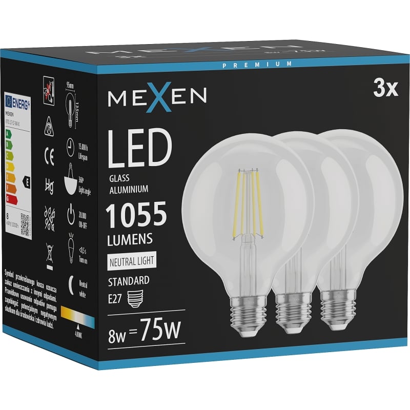 Mexen Vintis 3x LED-Filamentlampe E27, G95, 8W, Neutral - 4000K, 1055 lm, klar - L157-E27-0840-00x03