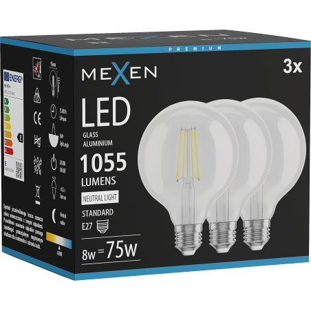 Mexen Vintis 3x LED-Filamentlampe E27, G95, 8W, Neutral - 4000K, 1055 lm, klar - L157-E27-0840-00x03