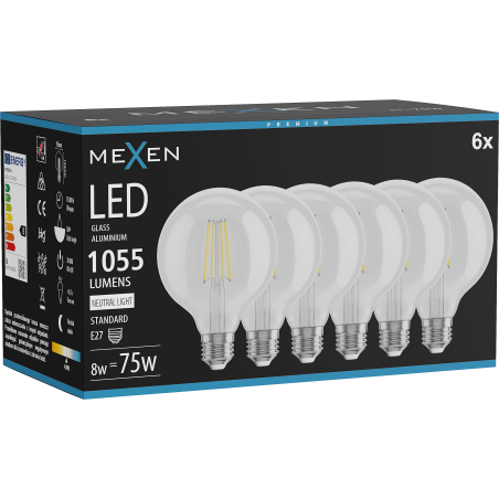 Mexen Vintis 6x LED Filament Glühbirne E27, G95, 8W, Neutral - 4000K, 1055 lm, klar - L157-E27-0840-00x06