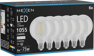 Mexen Vintis 6x LED Filament Glühbirne E27, G95, 8W, Neutral - 4000K, 1055 lm, klar - L157-E27-0840-00x06