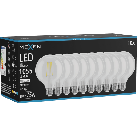 Mexen Vintis 10x LED-Filamentlampe E27, G95, 8W, Neutral - 4000K, 1055 lm, klar - L157-E27-0840-00x10