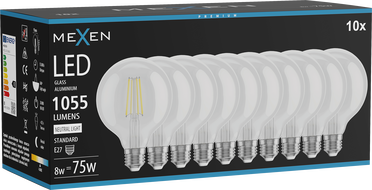 Mexen Vintis 10x LED-Filamentlampe E27, G95, 8W, Neutral - 4000K, 1055 lm, klar - L157-E27-0840-00x10
