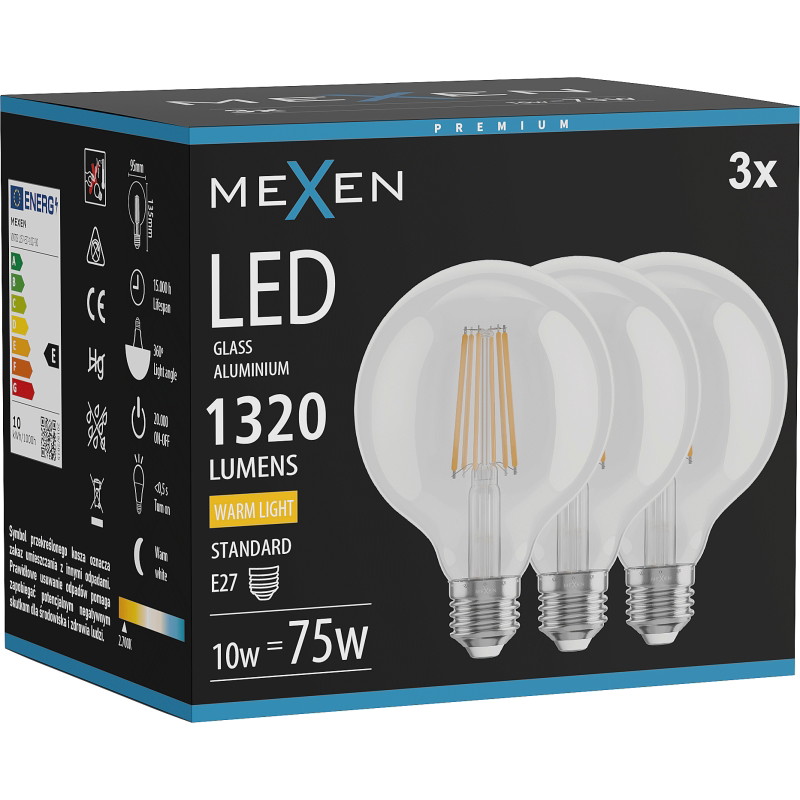 Mexen Vintis 3x LED-Filament-Glühbirne E27, G95, 10W, Warm - 2700K, 1320 lm, klar - L157-E27-1027-00x03