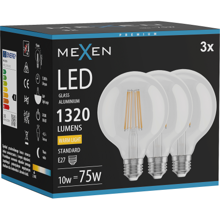 Mexen Vintis 3x LED-Filament-Glühbirne E27, G95, 10W, Warm - 2700K, 1320 lm, klar - L157-E27-1027-00x03