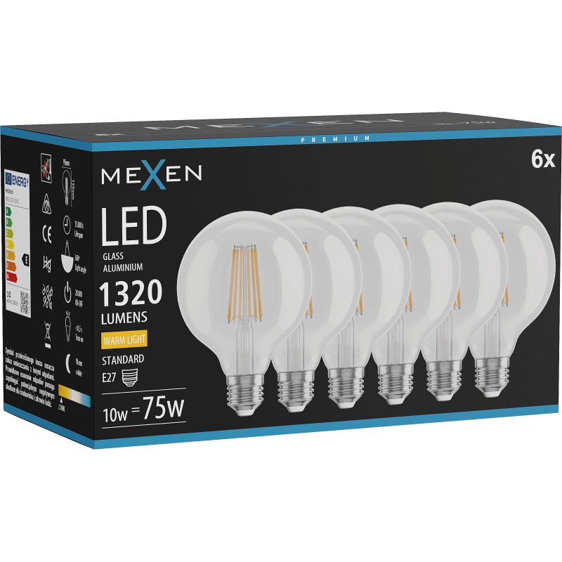 Mexen Vintis 6x LED-Filamentlampe E27, G95, 10W, Warm - 2700K, 1320 lm, klar - L157-E27-1027-00x06