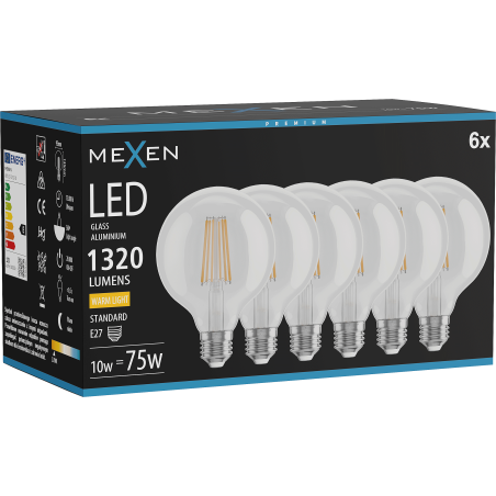 Mexen Vintis 6x LED-Filamentlampe E27, G95, 10W, Warm - 2700K, 1320 lm, klar - L157-E27-1027-00x06