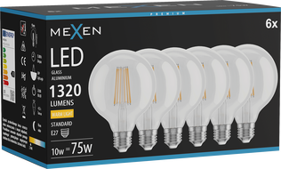 Mexen Vintis 6x LED-Filamentlampe E27, G95, 10W, Warm - 2700K, 1320 lm, klar - L157-E27-1027-00x06