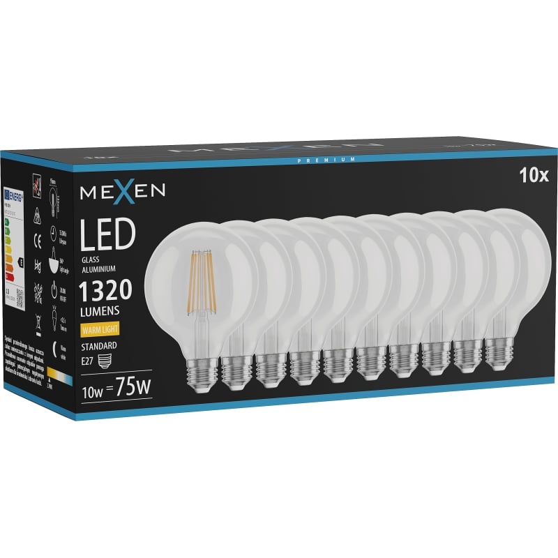 Mexen Vintis 10x LED-Filament-Glühbirne E27, G95, 10W, Warm - 2700K, 1320 lm, klar - L157-E27-1027-00x10