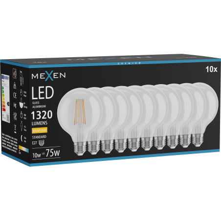 Mexen Vintis 10x LED-Filament-Glühbirne E27, G95, 10W, Warm - 2700K, 1320 lm, klar - L157-E27-1027-00x10