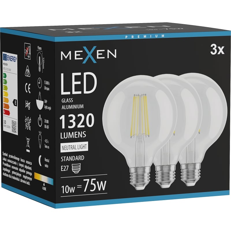 Mexen Vintis 3x LED-Filamentlampe E27, G95, 10W, Neutral - 4000K, 1320 lm, klar - L157-E27-1040-00x03