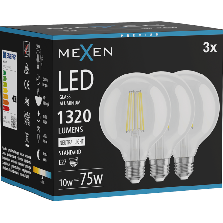 Mexen Vintis 3x LED-Filamentlampe E27, G95, 10W, Neutral - 4000K, 1320 lm, klar - L157-E27-1040-00x03