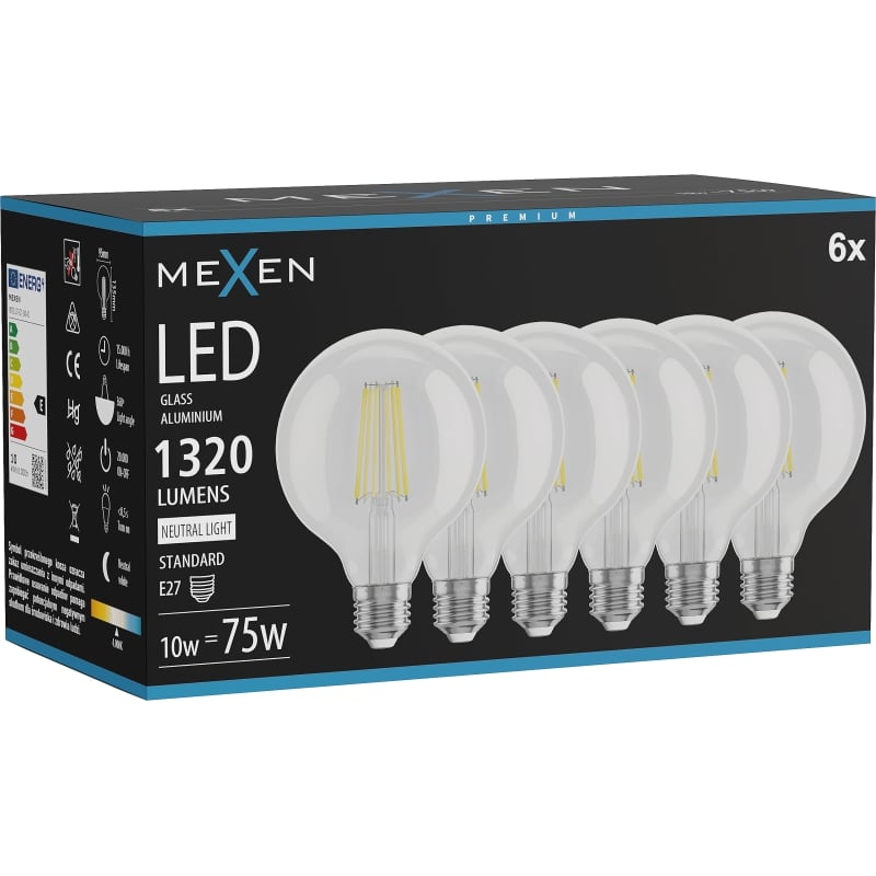 Mexen Vintis 6x Glühbirne Filament LED E27, G95, 10W, Neutral - 4000K, 1320 lm, klar - L157-E27-1040-00x06