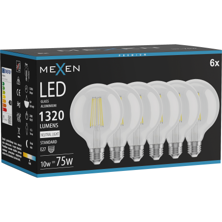 Mexen Vintis 6x Glühbirne Filament LED E27, G95, 10W, Neutral - 4000K, 1320 lm, klar - L157-E27-1040-00x06