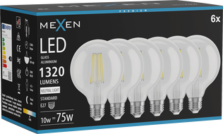 Mexen Vintis 6x Glühbirne Filament LED E27, G95, 10W, Neutral - 4000K, 1320 lm, klar - L157-E27-1040-00x06