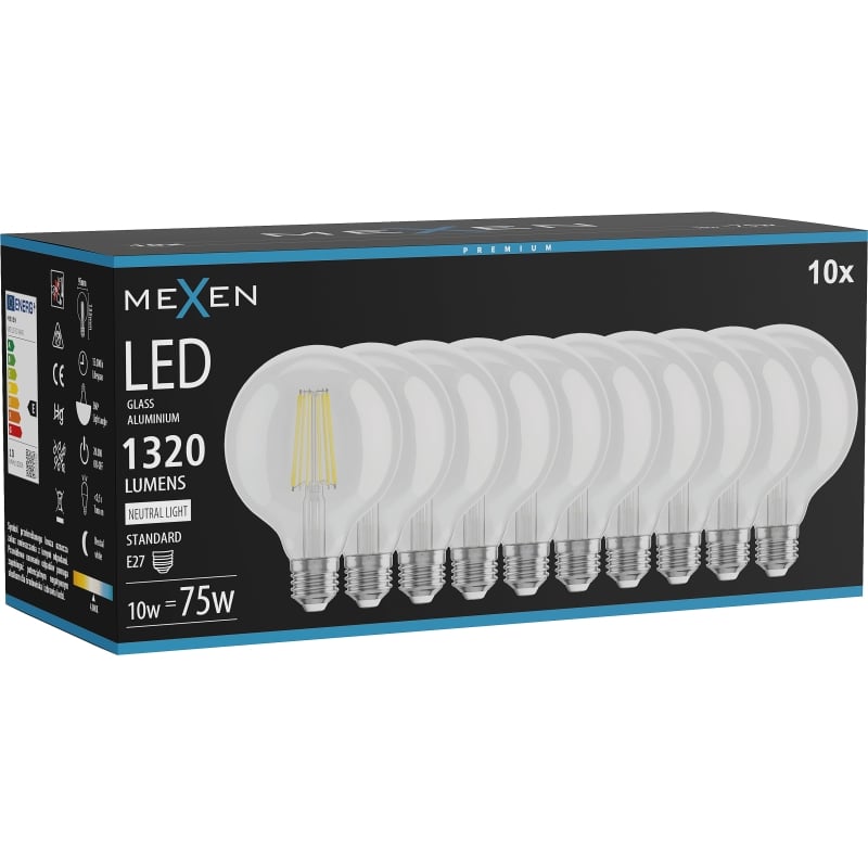 Mexen Vintis 10x LED-Filament-Glühbirne E27, G95, 10W, Neutral - 4000K, 1320 lm, klar - L157-E27-1040-00x10