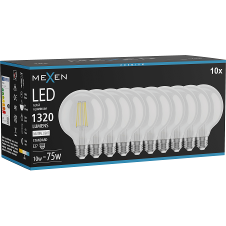 Mexen Vintis 10x LED-Filament-Glühbirne E27, G95, 10W, Neutral - 4000K, 1320 lm, klar - L157-E27-1040-00x10