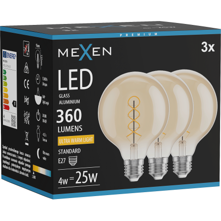 Mexen Vintis 3x LED-Filament-Glühbirne Spiral E27, G95, 4W, Warm - 2200K, 360 lm, amber - L167-E27-0422-50x03