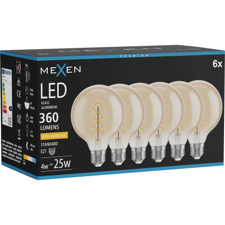 Mexen Vintis 6x LED Filament Glühbirne Spirale E27, G95, 4W, Warm - 2200K, 360 lm, Amber - L167-E27-0422-50x06