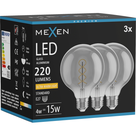 Mexen Vintis 3x LED-Filament-Glühbirne Spirale E27, G95, 4W, Warm - 2200K, 220 lm, Rauch - L167-E27-0422-70x03