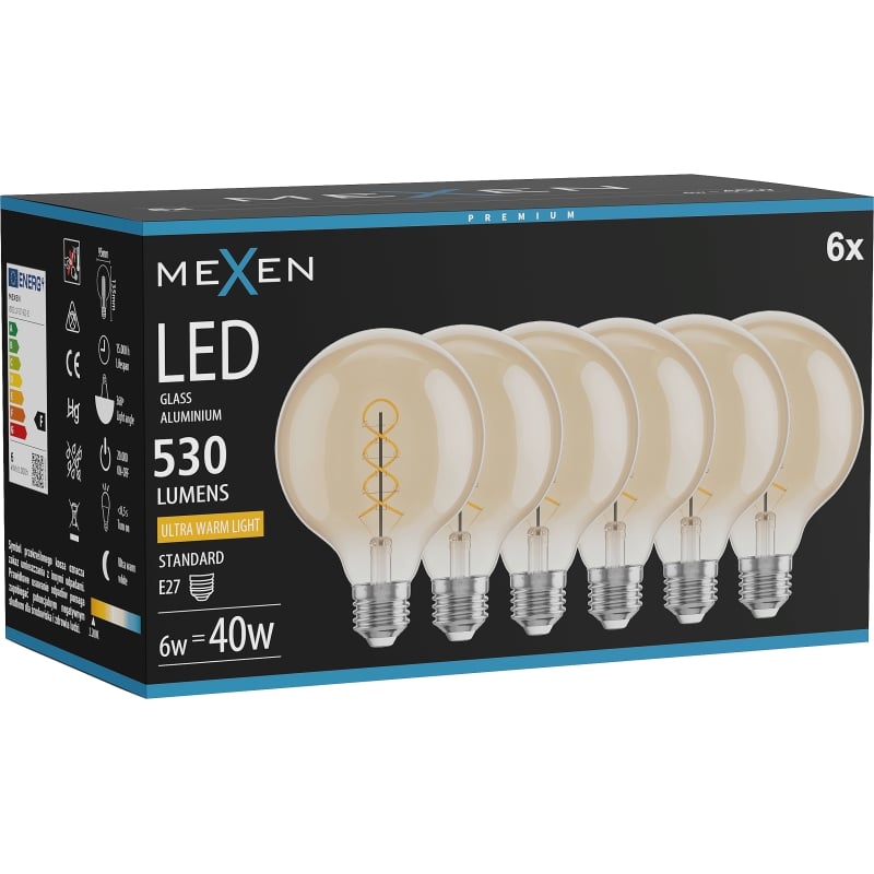 Mexen Vintis 6x LED-Filament-Glühbirne Spirale E27, G95, 6W, Warm - 2200K, 530 lm, amber - L167-E27-0622-50x06