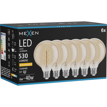 Mexen Vintis 6x LED-Filament-Glühbirne Spirale E27, G95, 6W, Warm - 2200K, 530 lm, amber - L167-E27-0622-50x06