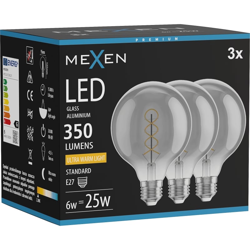Mexen Vintis 3x LED Glühbirne Filament Spirale E27, G95, 6W, Warm - 2200K, 350 lm, Smoke - L167-E27-0622-70x03