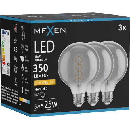 Mexen Vintis 3x LED Glühbirne Filament Spirale E27, G95, 6W, Warm - 2200K, 350 lm, Smoke - L167-E27-0622-70x03