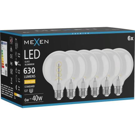 Mexen Vintis 6x LED-Filament-Glühlampe Spirale E27, G95, 6W, Warm - 2700K, 630 lm, klar - L167-E27-0627-00x06