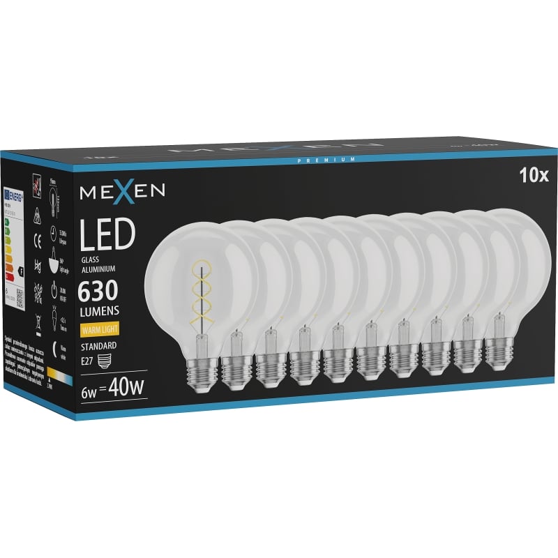 Mexen Vintis 10x Filament-Glühbirne Spirale LED E27, G95, 6W, Warm - 2700K, 630 lm, klar - L167-E27-0627-00x10
