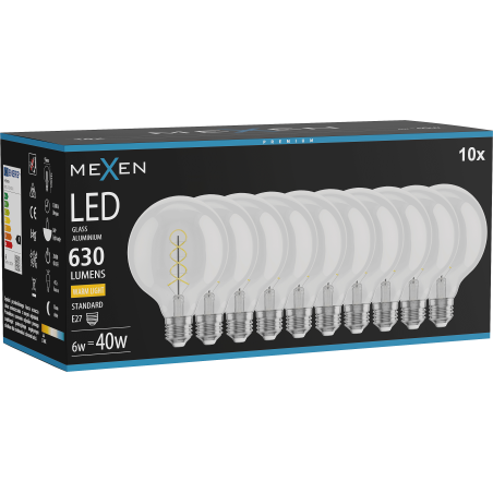 Mexen Vintis 10x Filament-Glühbirne Spirale LED E27, G95, 6W, Warm - 2700K, 630 lm, klar - L167-E27-0627-00x10