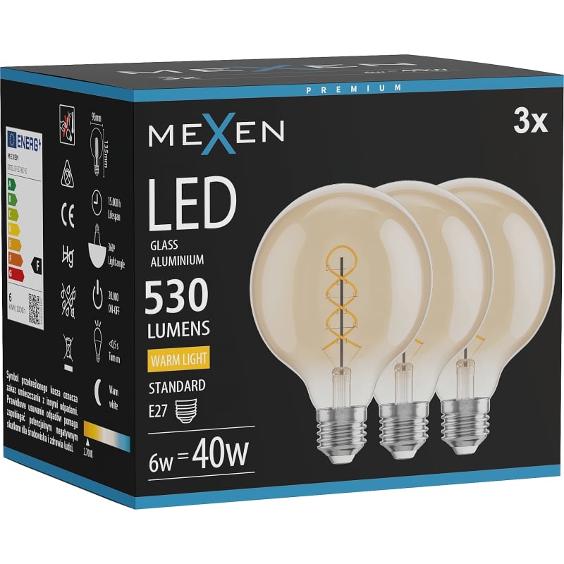 Mexen Vintis 3x LED-Filament-Glühbirne Spirale E27, G95, 6W, Warm - 2700K, 530 lm, amber - L167-E27-0627-50x03