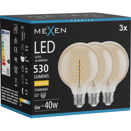Mexen Vintis 3x LED-Filament-Glühbirne Spirale E27, G95, 6W, Warm - 2700K, 530 lm, amber - L167-E27-0627-50x03