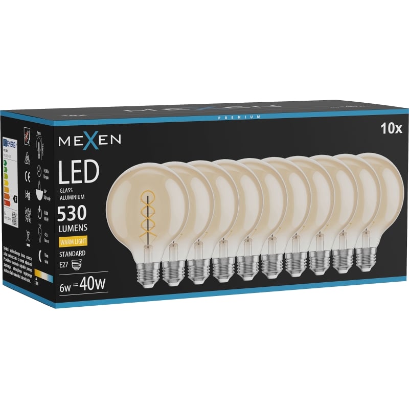 Mexen Vintis 10x LED Filament Spiralbirne E27, G95, 6W, Warm - 2700K, 530 lm, amber - L167-E27-0627-50x10