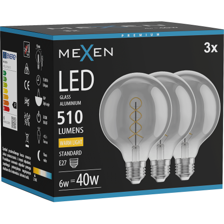 Mexen Vintis 3x LED-Filament-Spirallampe E27, G95, 6W, Warm - 2700K, 510 lm, Rauch - L167-E27-0627-70x03