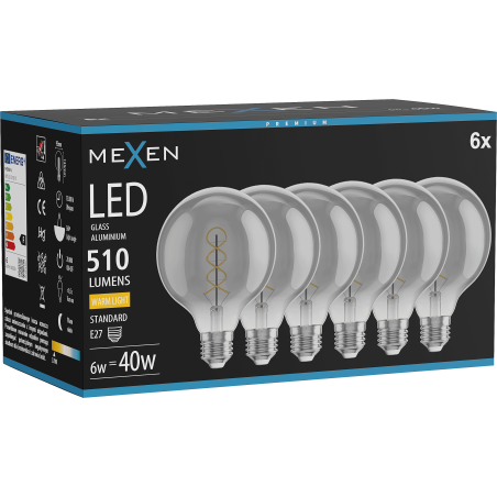 Mexen Vintis 6x LED-Filament Glühbirne Spirale E27, G95, 6W, Warm - 2700K, 510 lm, Rauch - L167-E27-0627-70x06