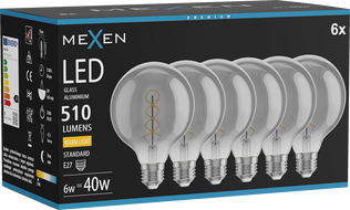 Mexen Vintis 6x LED-Filament Glühbirne Spirale E27, G95, 6W, Warm - 2700K, 510 lm, Rauch - L167-E27-0627-70x06