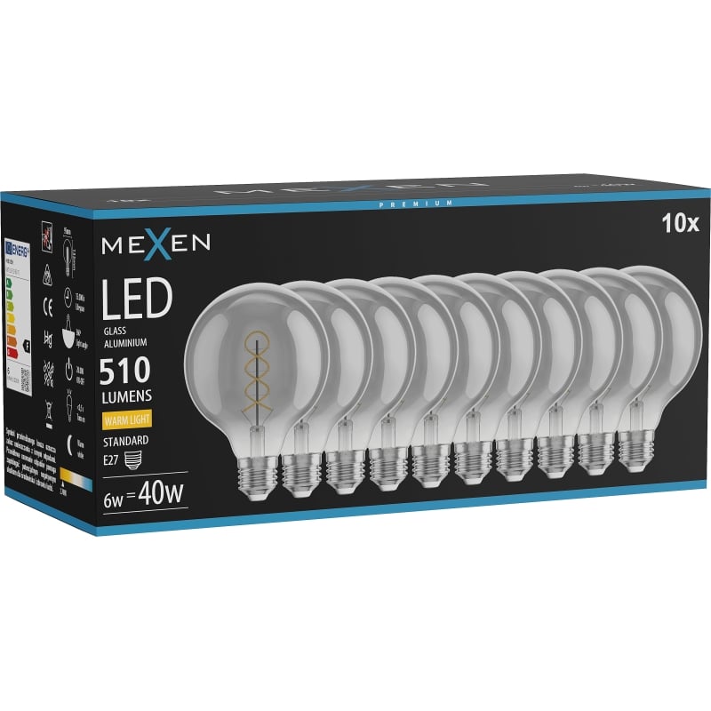 Mexen Vintis 10x LED Filament-Spirallampe E27, G95, 6W, Warm - 2700K, 510 lm, rauchfarben - L167-E27-0627-70x10