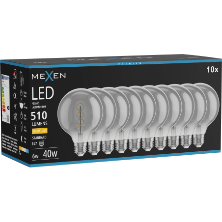 Mexen Vintis 10x LED Filament-Spirallampe E27, G95, 6W, Warm - 2700K, 510 lm, rauchfarben - L167-E27-0627-70x10