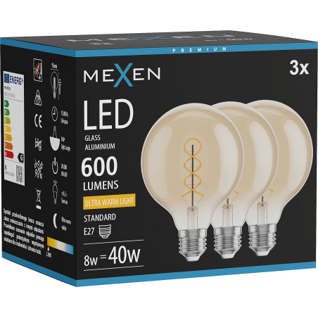 Mexen Vintis 3x LED Filament-Glühbirne Spirale E27, G95, 8W, Warm - 2200K, 600 lm, amber - L167-E27-0822-50x03