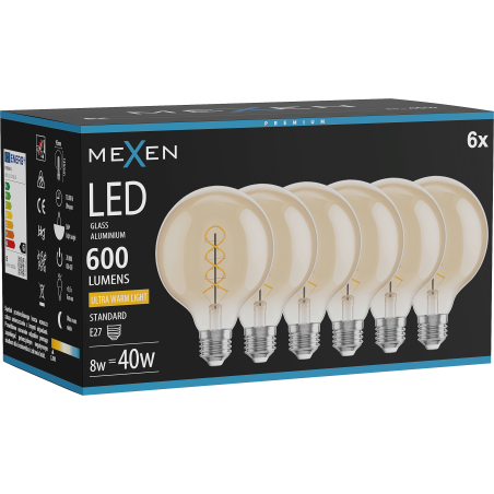 Mexen Vintis 6x LED-Filament-Glühbirne Spirale E27, G95, 8W, Warm - 2200K, 600 lm, Amber - L167-E27-0822-50x06