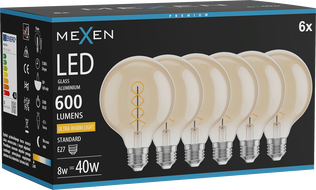 Mexen Vintis 6x LED-Filament-Glühbirne Spirale E27, G95, 8W, Warm - 2200K, 600 lm, Amber - L167-E27-0822-50x06