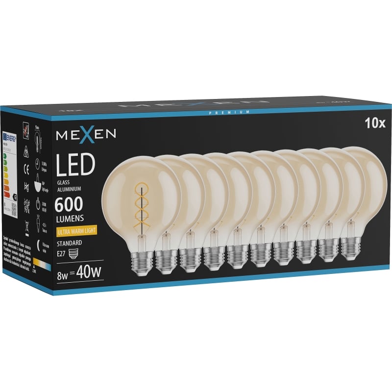 Mexen Vintis 10x Filament-LED-Glühbirne Spirale E27, G95, 8W, Warm - 2200K, 600 lm, Amber - L167-E27-0822-50x10