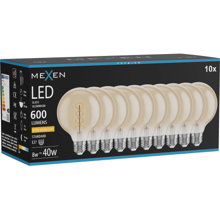Mexen Vintis 10x Filament-LED-Glühbirne Spirale E27, G95, 8W, Warm - 2200K, 600 lm, Amber - L167-E27-0822-50x10